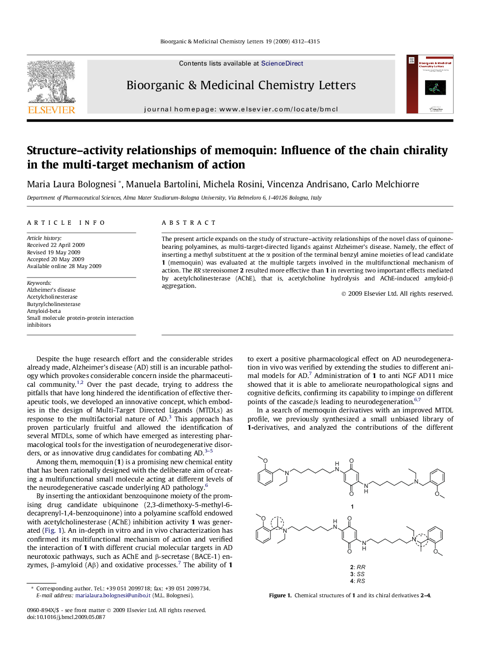 Structure-activity relationships of memoquin: Influence of the chain chirality in the multi-target mechanism of action