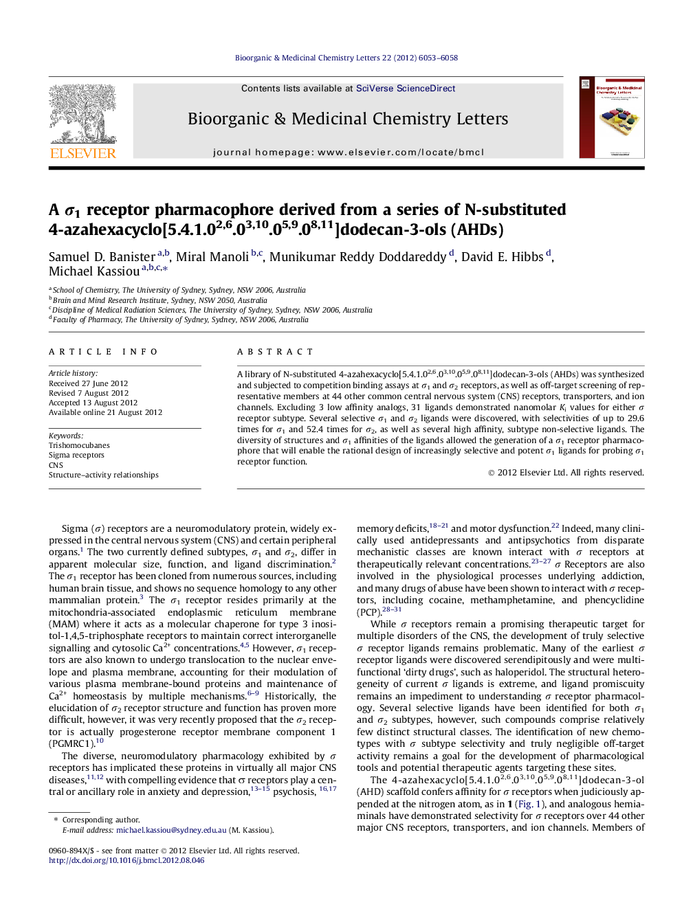 A Ï1 receptor pharmacophore derived from a series of N-substituted 4-azahexacyclo[5.4.1.02,6.03,10.05,9.08,11]dodecan-3-ols (AHDs)