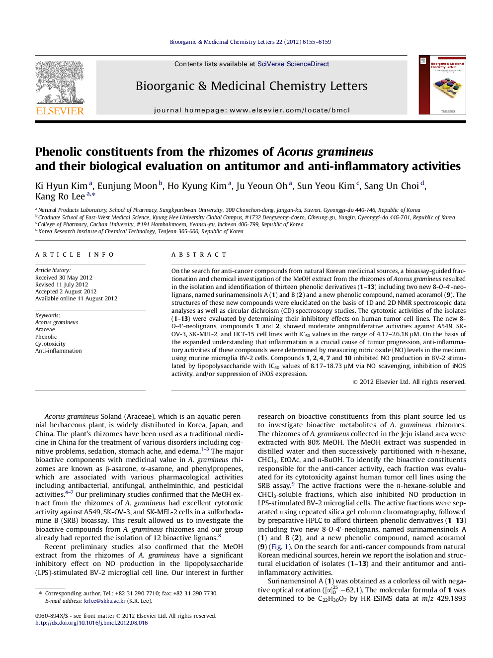 Phenolic constituents from the rhizomes of Acorus gramineus and their biological evaluation on antitumor and anti-inflammatory activities