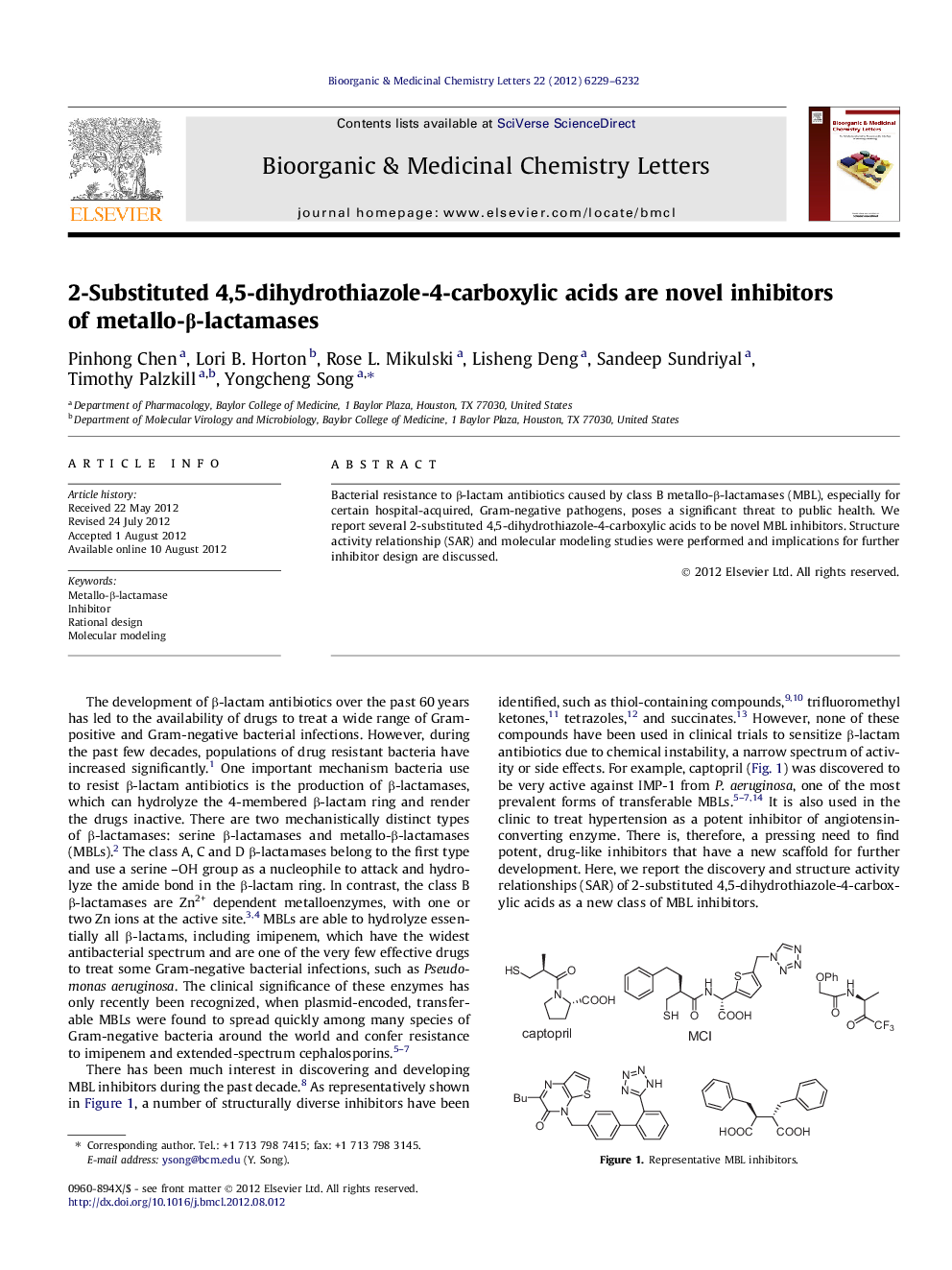 2-Substituted 4,5-dihydrothiazole-4-carboxylic acids are novel inhibitors of metallo-Î²-lactamases