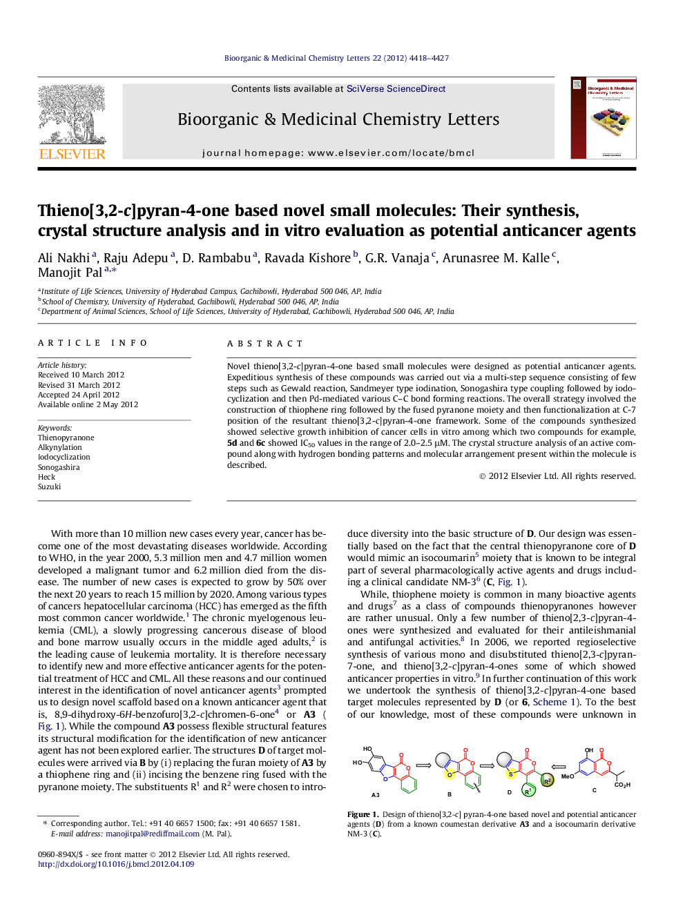 Thieno[3,2-c]pyran-4-one based novel small molecules: Their synthesis, crystal structure analysis and in vitro evaluation as potential anticancer agents