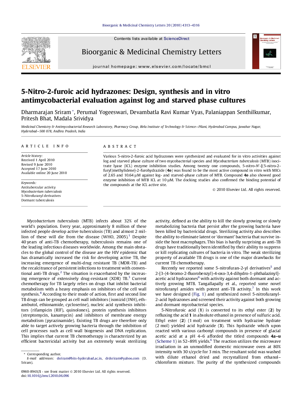 5-Nitro-2-furoic acid hydrazones: Design, synthesis and in vitro antimycobacterial evaluation against log and starved phase cultures