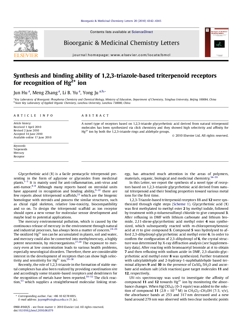 Synthesis and binding ability of 1,2,3-triazole-based triterpenoid receptors for recognition of Hg2+ ion