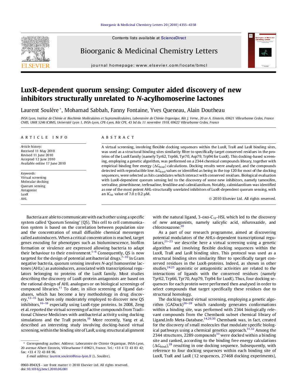 LuxR-dependent quorum sensing: Computer aided discovery of new inhibitors structurally unrelated to N-acylhomoserine lactones