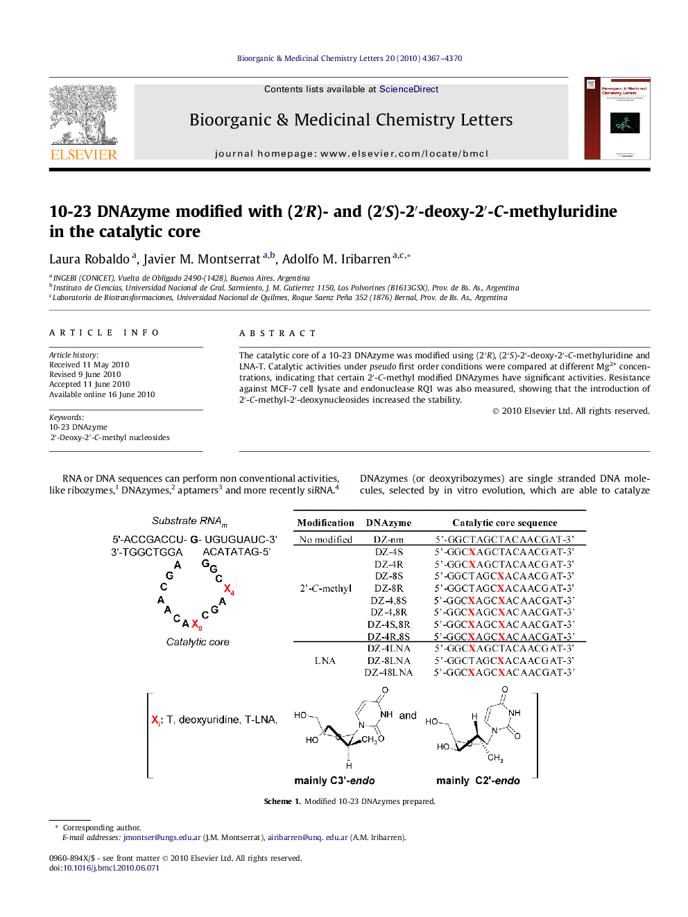 10-23 DNAzyme modified with (2â²R)- and (2â²S)-2â²-deoxy-2â²-C-methyluridine in the catalytic core