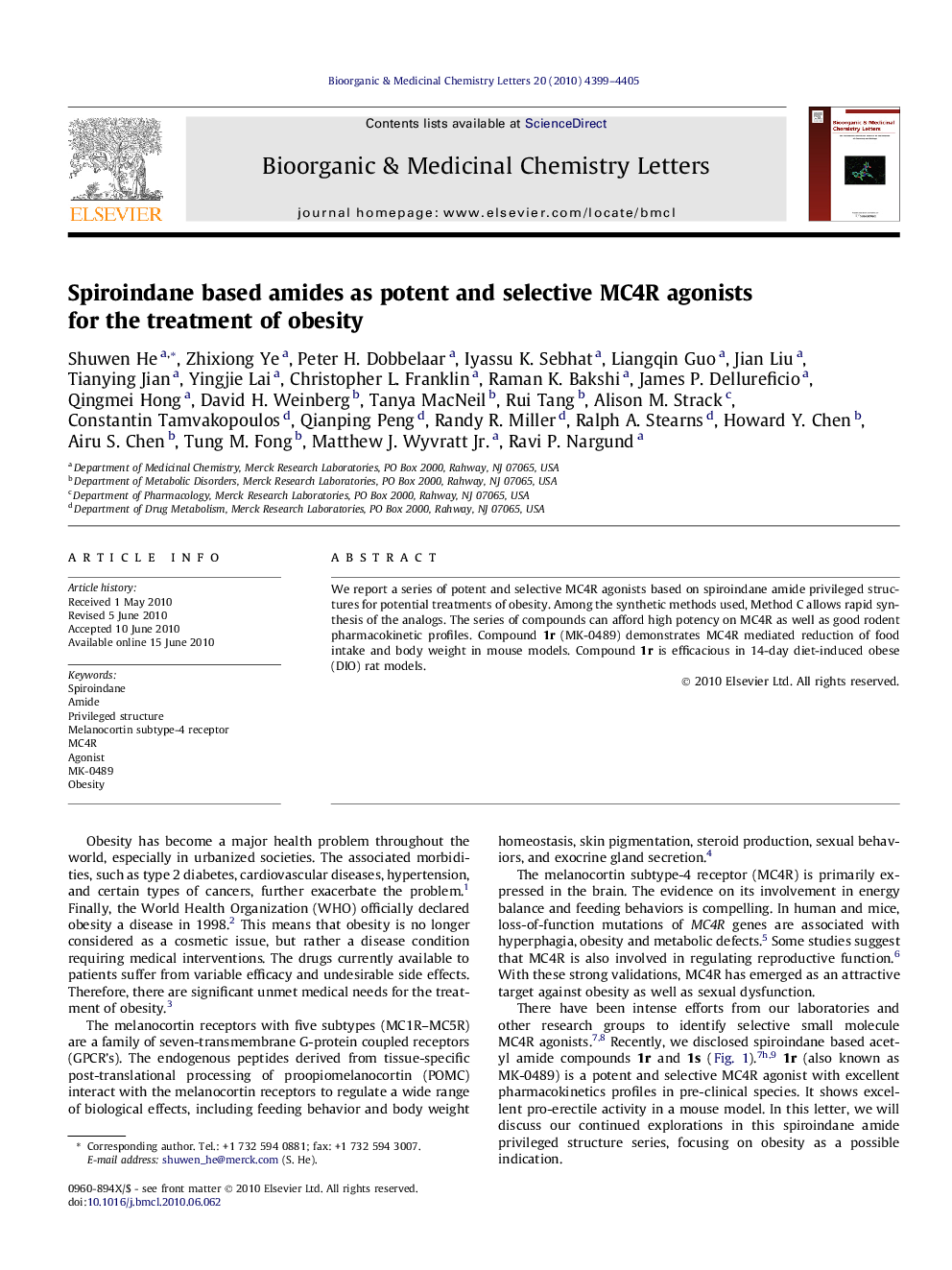 Spiroindane based amides as potent and selective MC4R agonists for the treatment of obesity