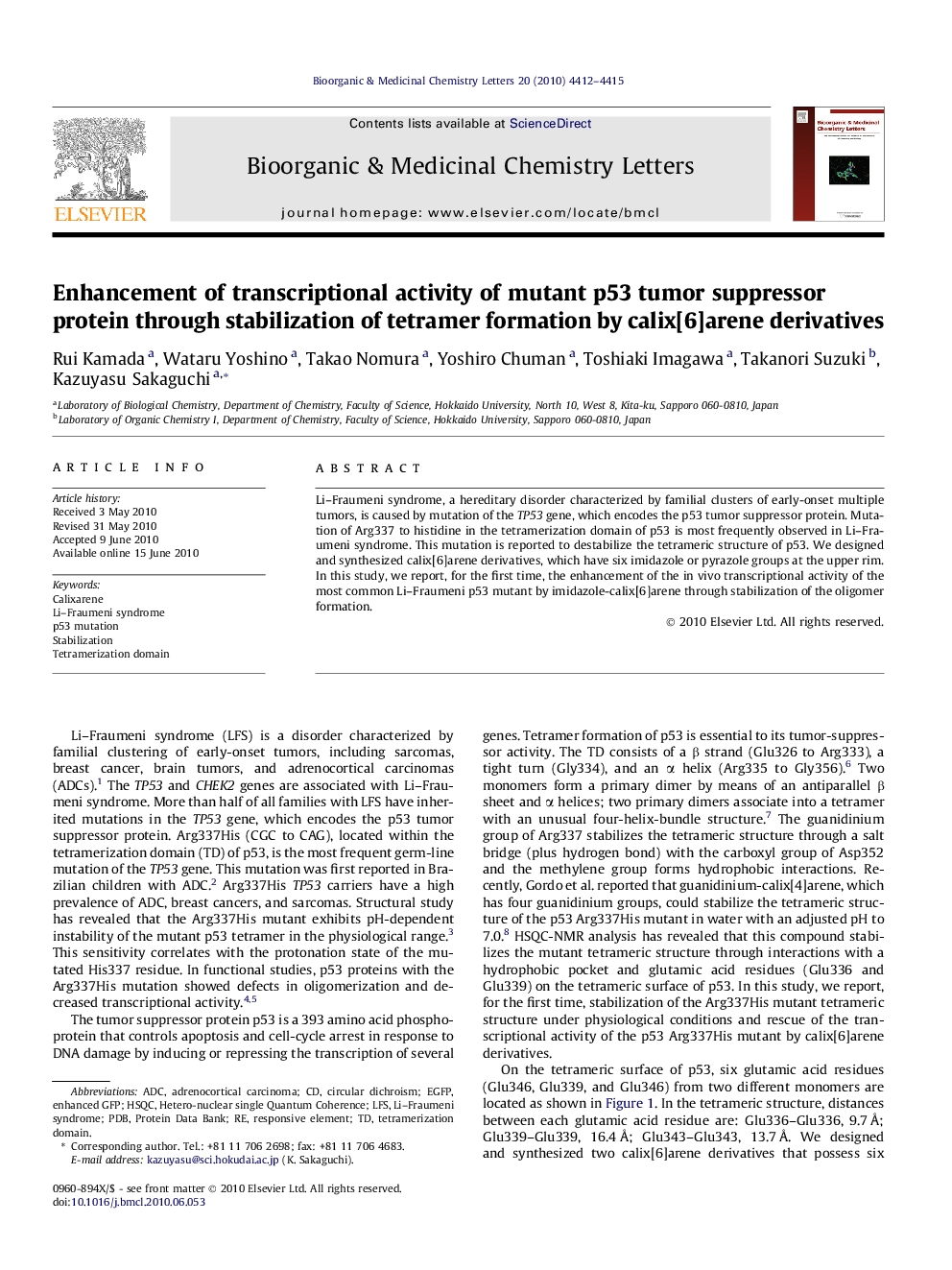 Enhancement of transcriptional activity of mutant p53 tumor suppressor protein through stabilization of tetramer formation by calix[6]arene derivatives