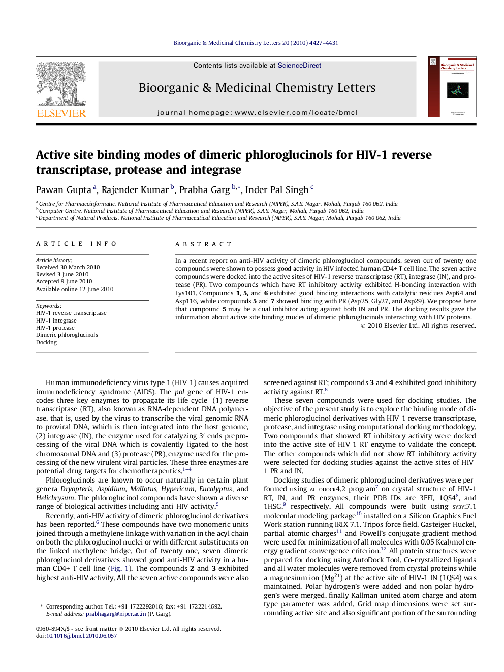 Active site binding modes of dimeric phloroglucinols for HIV-1 reverse transcriptase, protease and integrase