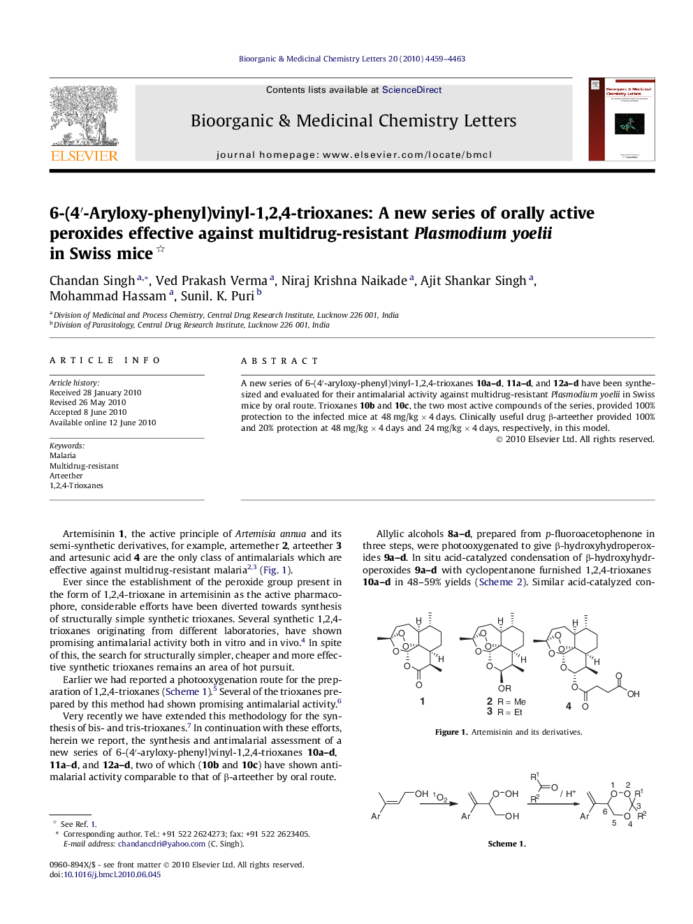 6-(4â²-Aryloxy-phenyl)vinyl-1,2,4-trioxanes: A new series of orally active peroxides effective against multidrug-resistant Plasmodium yoelii in Swiss mice