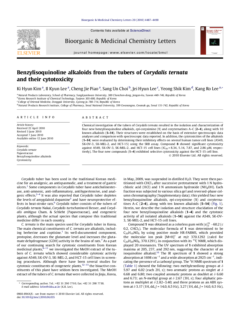 Benzylisoquinoline alkaloids from the tubers of Corydalis ternata and their cytotoxicity