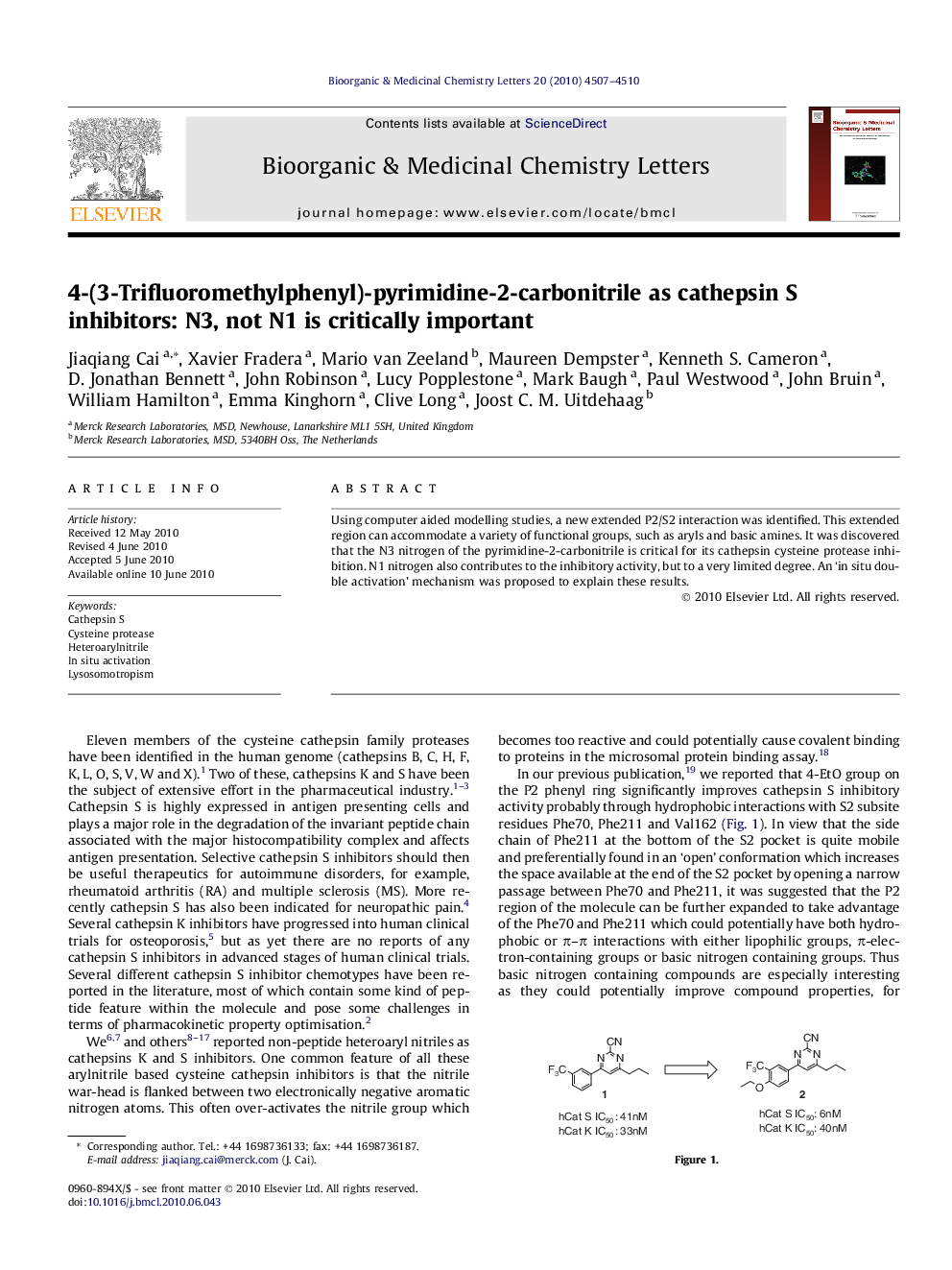 4-(3-Trifluoromethylphenyl)-pyrimidine-2-carbonitrile as cathepsin S inhibitors: N3, not N1 is critically important