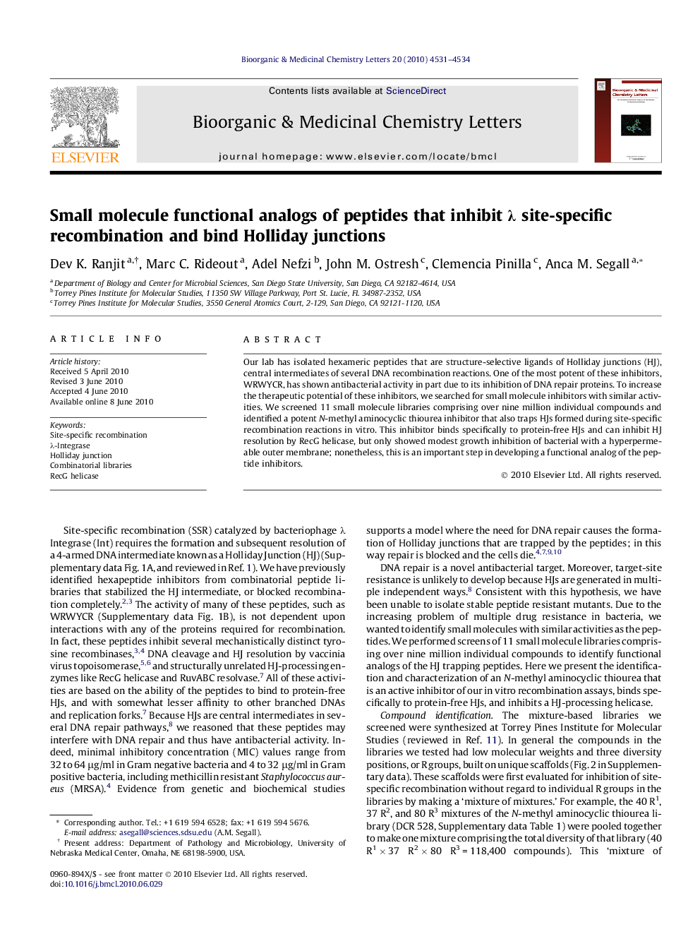 Small molecule functional analogs of peptides that inhibit Î» site-specific recombination and bind Holliday junctions