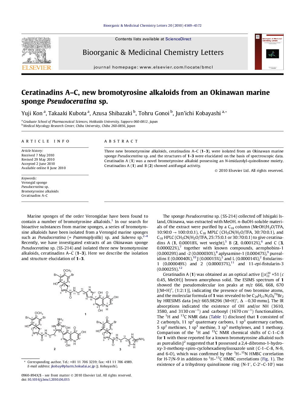 Ceratinadins A-C, new bromotyrosine alkaloids from an Okinawan marine sponge Pseudoceratina sp.