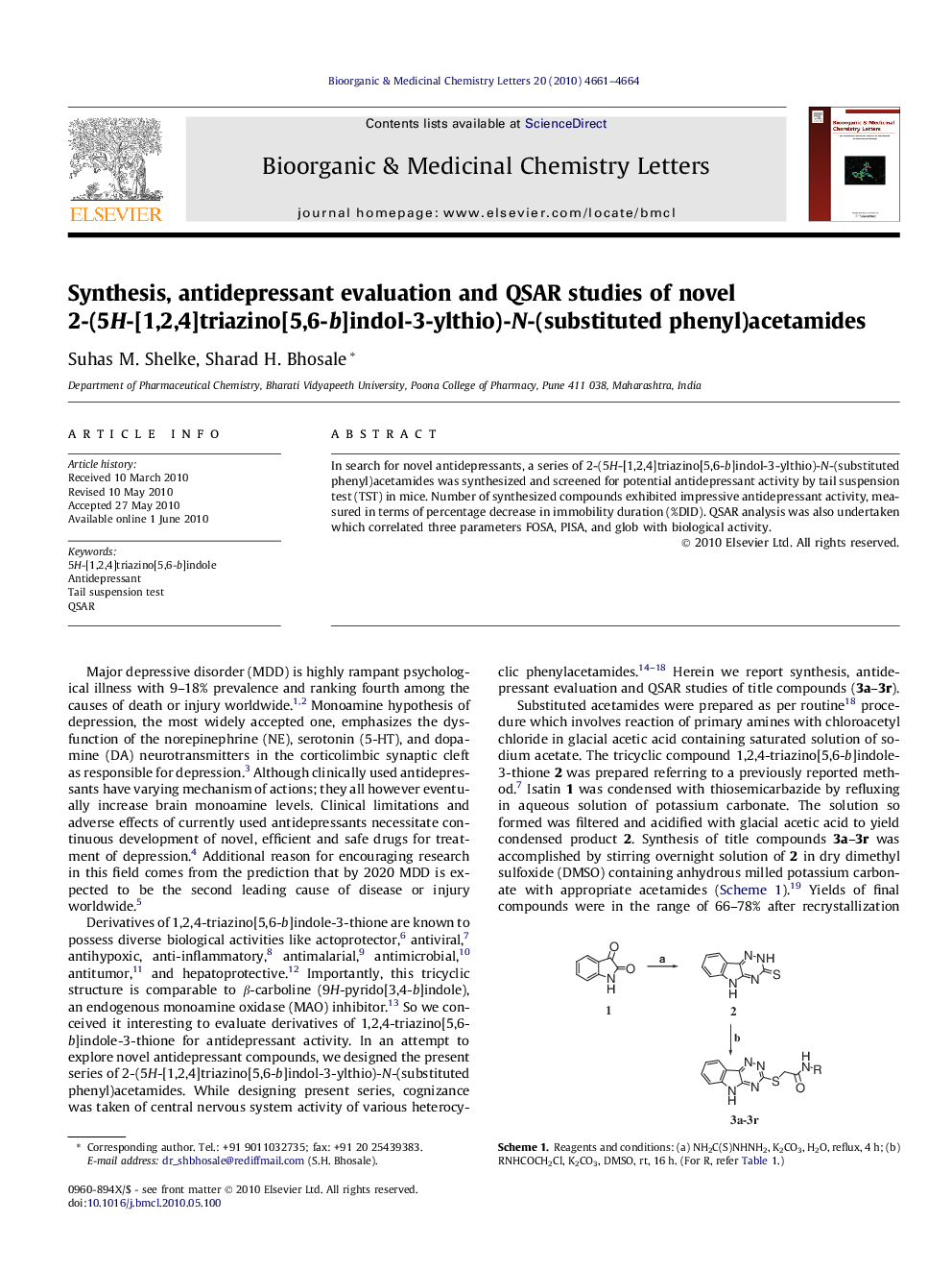 Synthesis, antidepressant evaluation and QSAR studies of novel 2-(5H-[1,2,4]triazino[5,6-b]indol-3-ylthio)-N-(substituted phenyl)acetamides