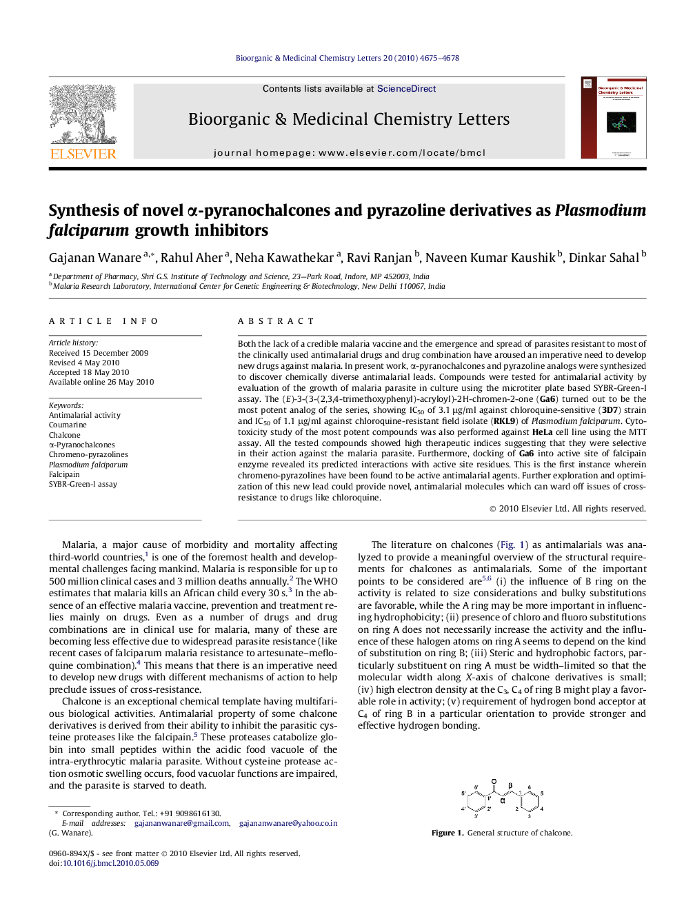 Synthesis of novel Î±-pyranochalcones and pyrazoline derivatives as Plasmodium falciparum growth inhibitors