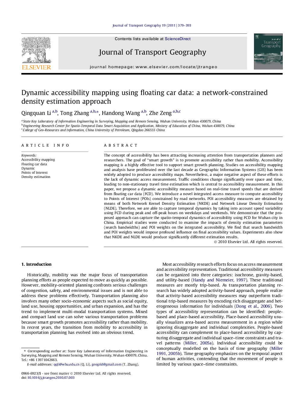 Dynamic accessibility mapping using floating car data: a network-constrained density estimation approach