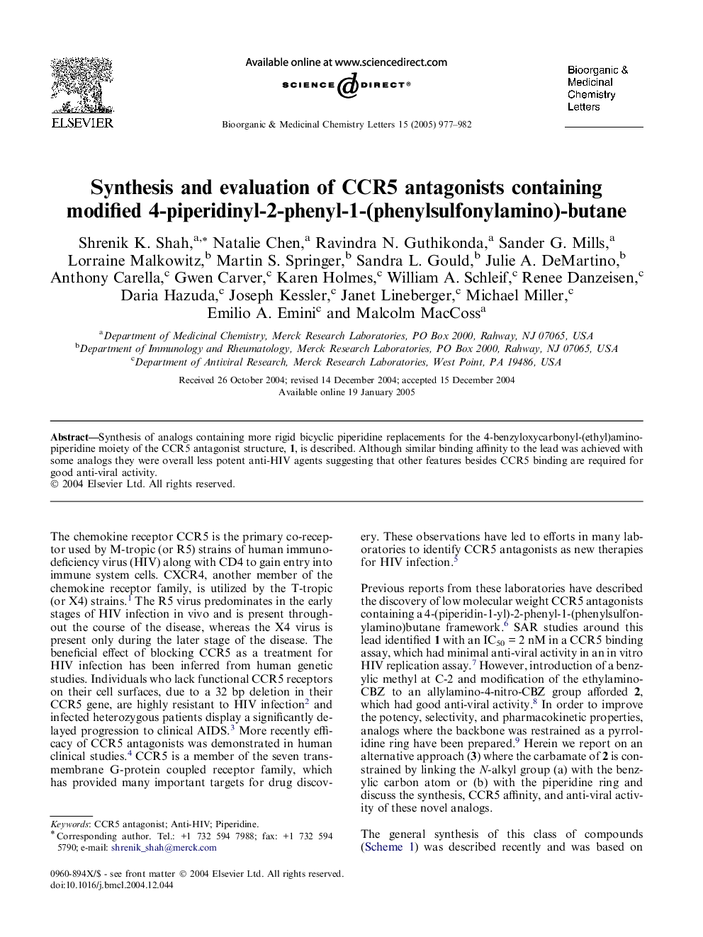 Synthesis and evaluation of CCR5 antagonists containing modified 4-piperidinyl-2-phenyl-1-(phenylsulfonylamino)-butane