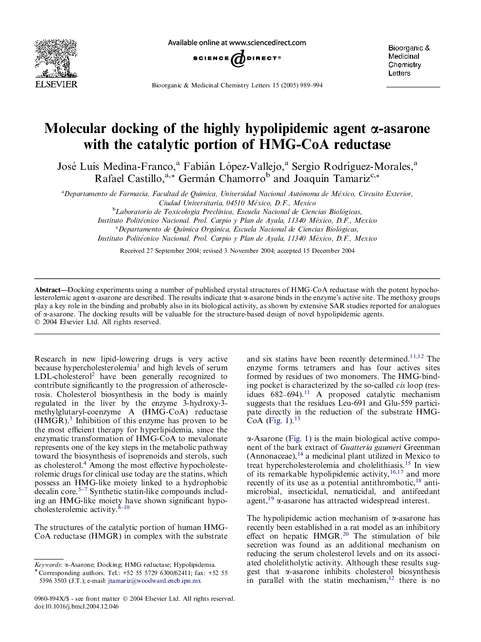 Molecular docking of the highly hypolipidemic agent Î±-asarone with the catalytic portion of HMG-CoA reductase