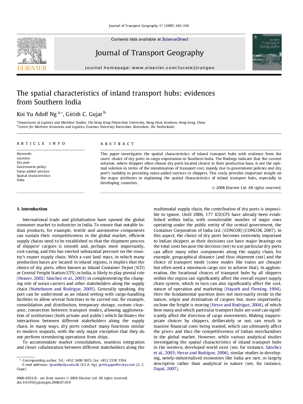 The spatial characteristics of inland transport hubs: evidences from Southern India