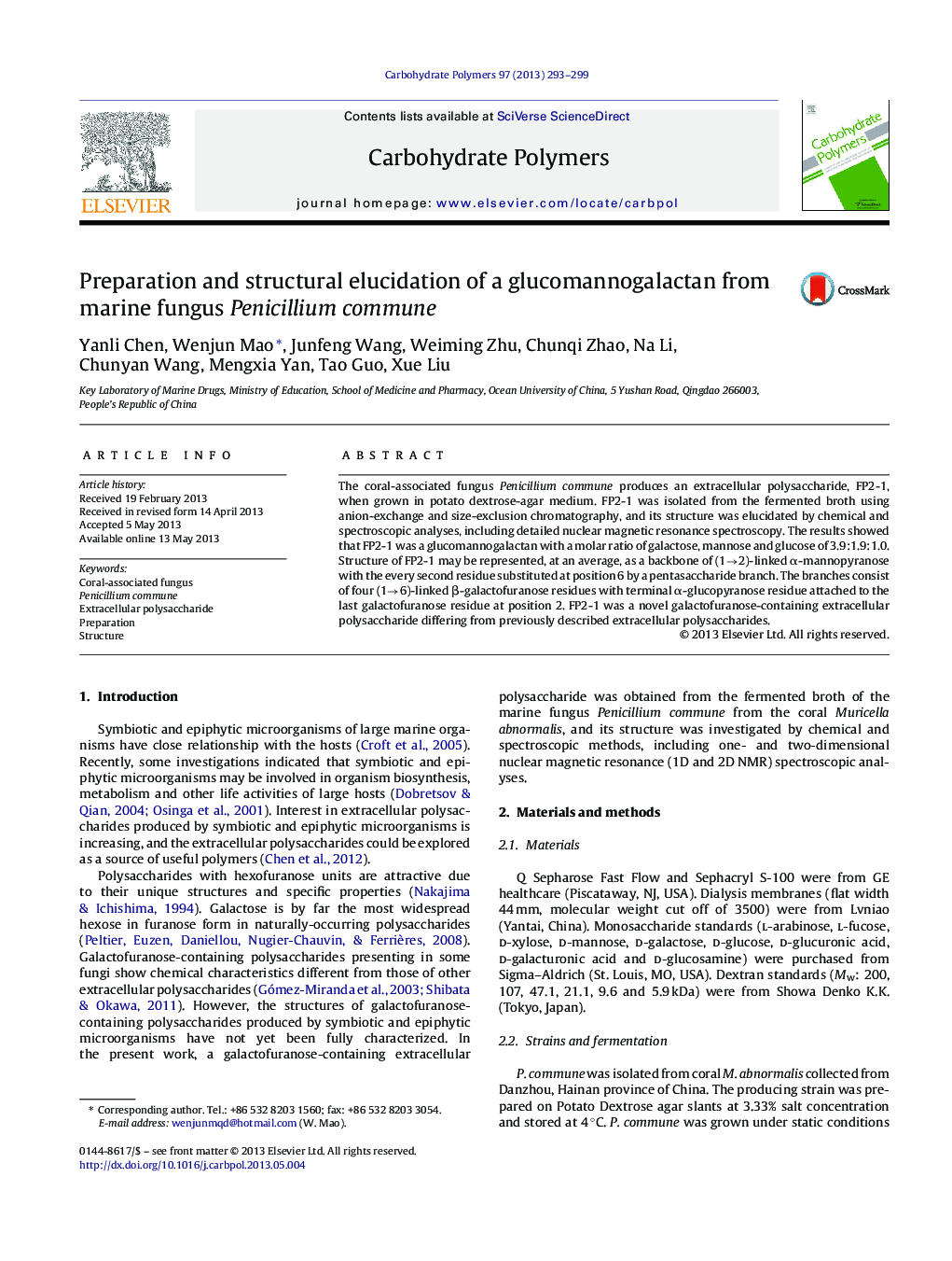 Preparation and structural elucidation of a glucomannogalactan from marine fungus Penicillium commune