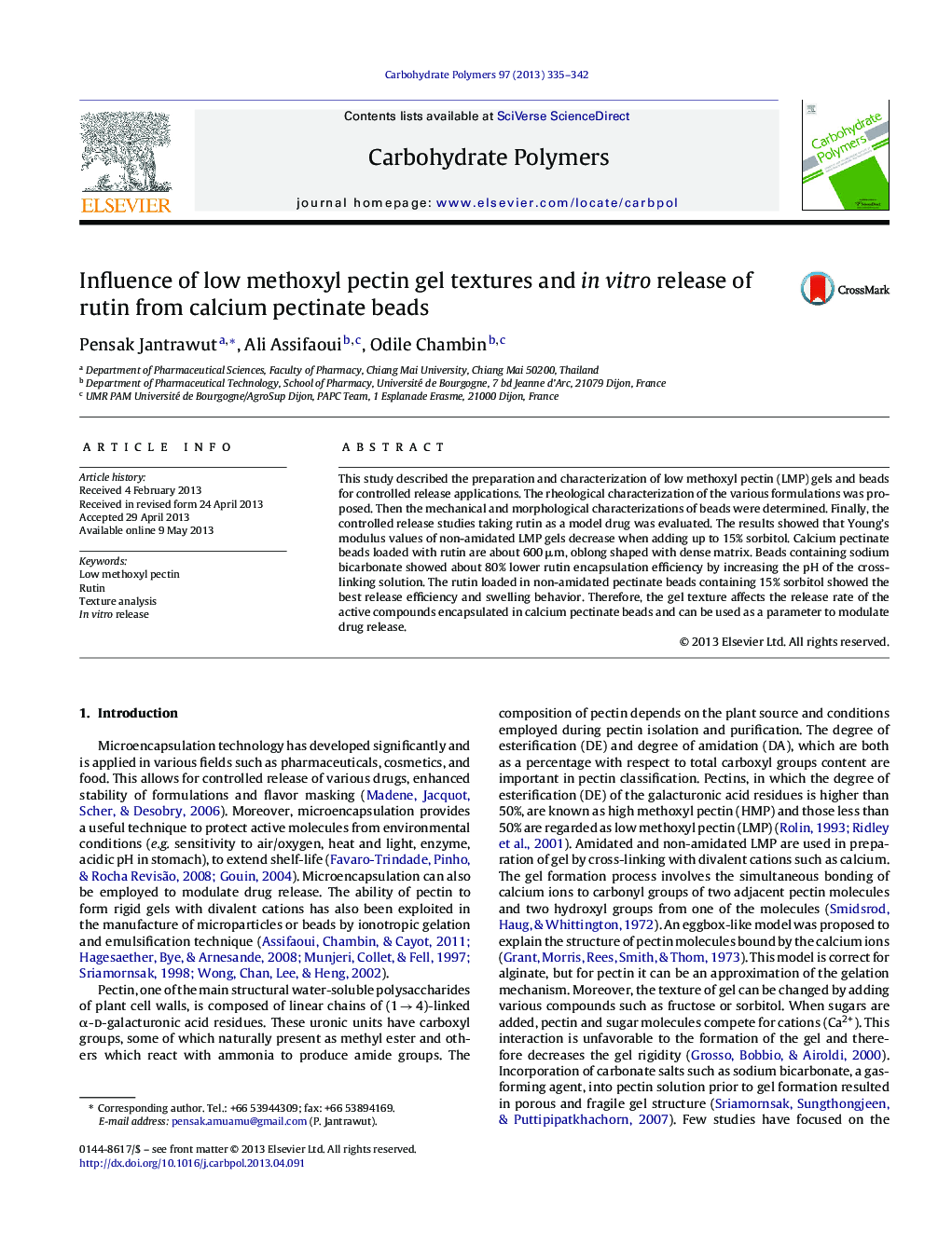 Influence of low methoxyl pectin gel textures and in vitro release of rutin from calcium pectinate beads