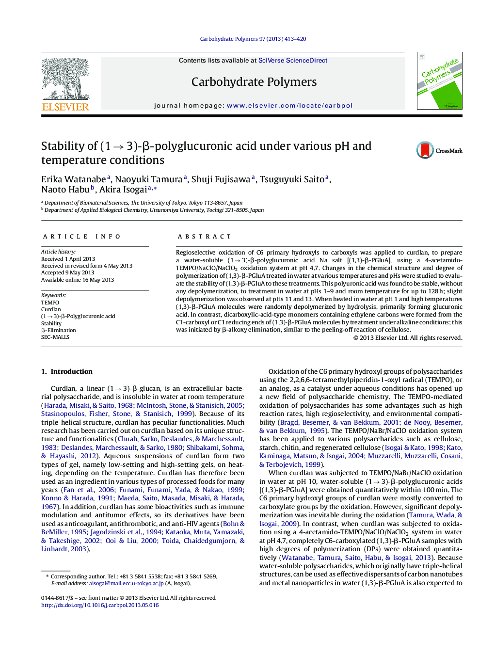 Stability of (1Â âÂ 3)-Î²-polyglucuronic acid under various pH and temperature conditions