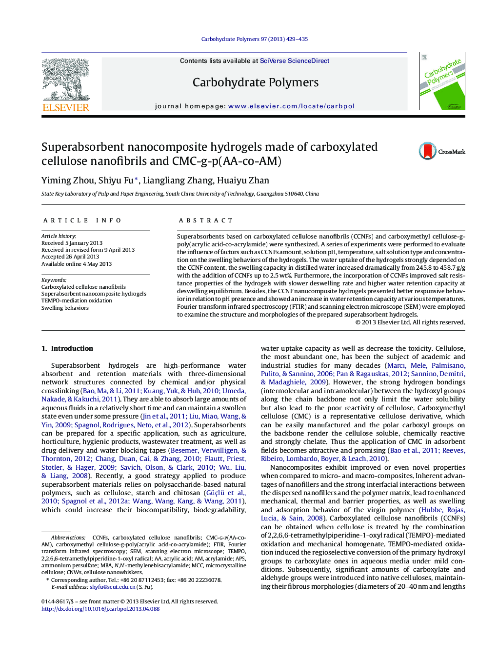 Superabsorbent nanocomposite hydrogels made of carboxylated cellulose nanofibrils and CMC-g-p(AA-co-AM)