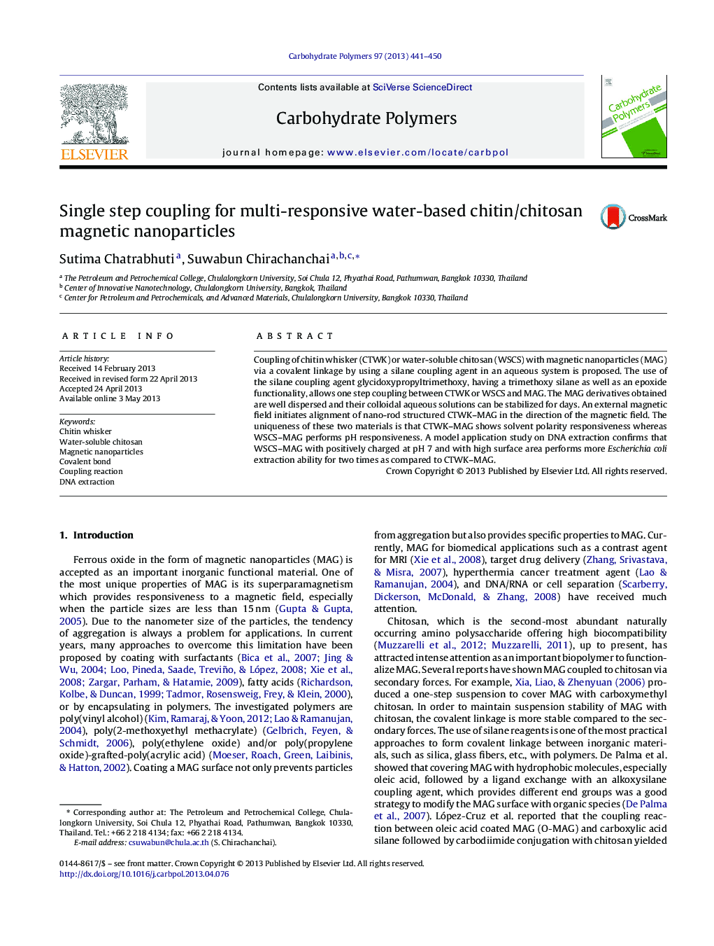 Single step coupling for multi-responsive water-based chitin/chitosan magnetic nanoparticles