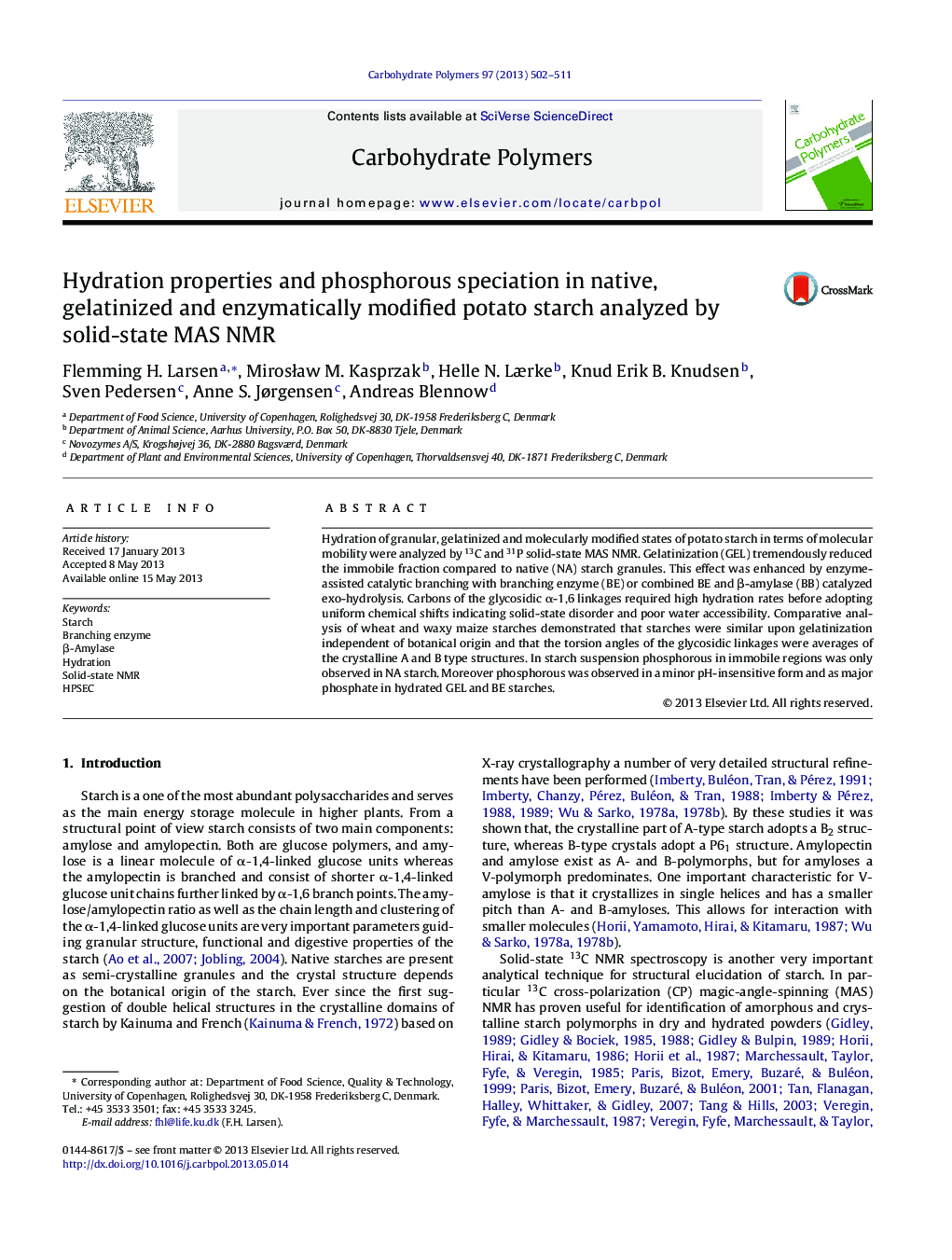 Hydration properties and phosphorous speciation in native, gelatinized and enzymatically modified potato starch analyzed by solid-state MAS NMR