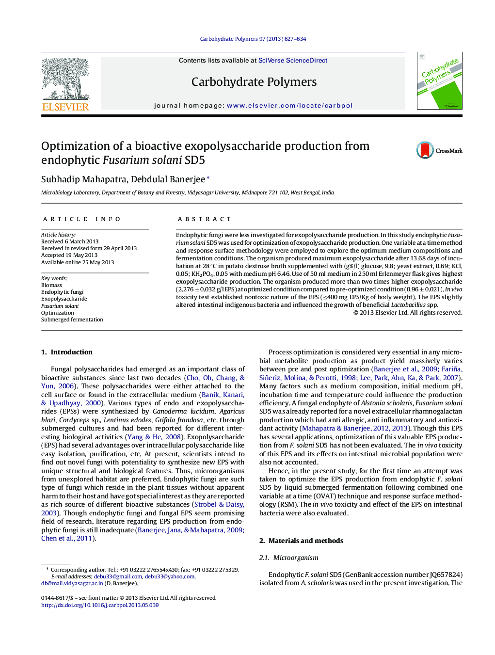 Optimization of a bioactive exopolysaccharide production from endophytic Fusarium solani SD5