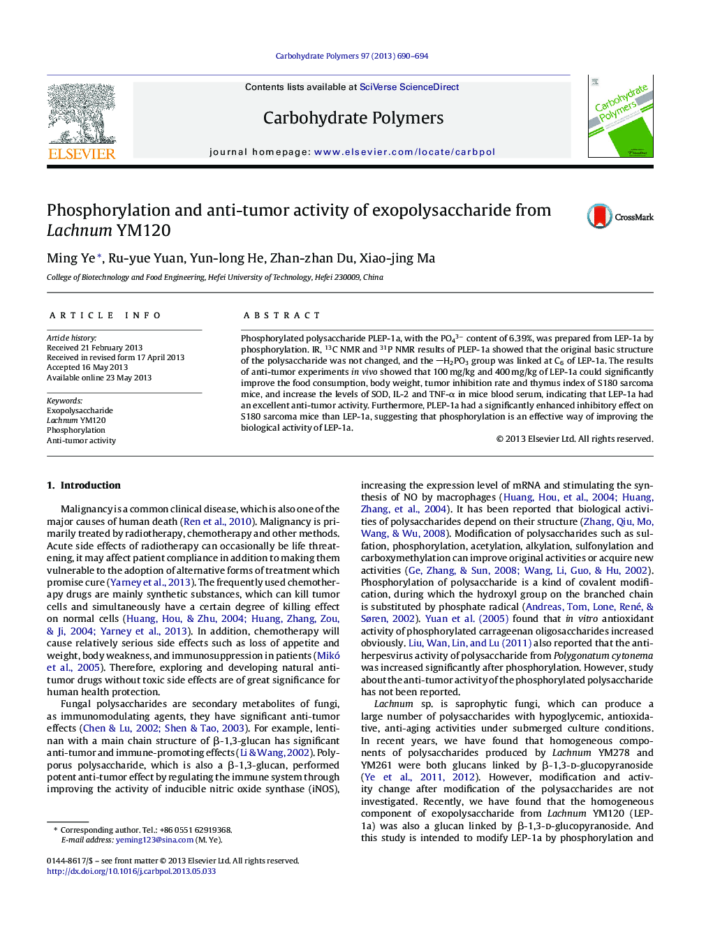 Phosphorylation and anti-tumor activity of exopolysaccharide from Lachnum YM120