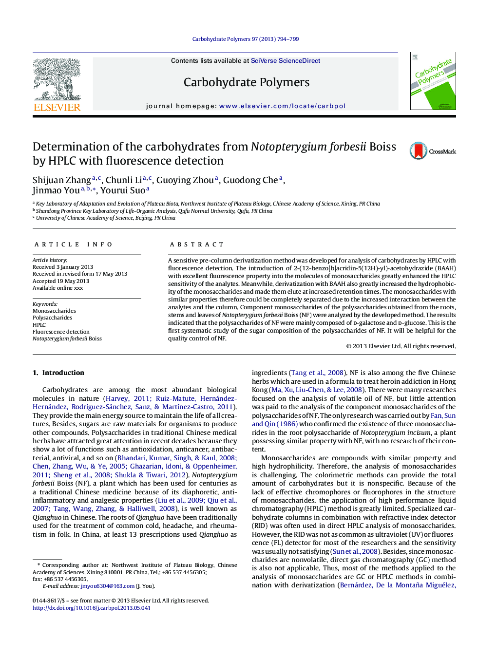 Determination of the carbohydrates from Notopterygium forbesii Boiss by HPLC with fluorescence detection