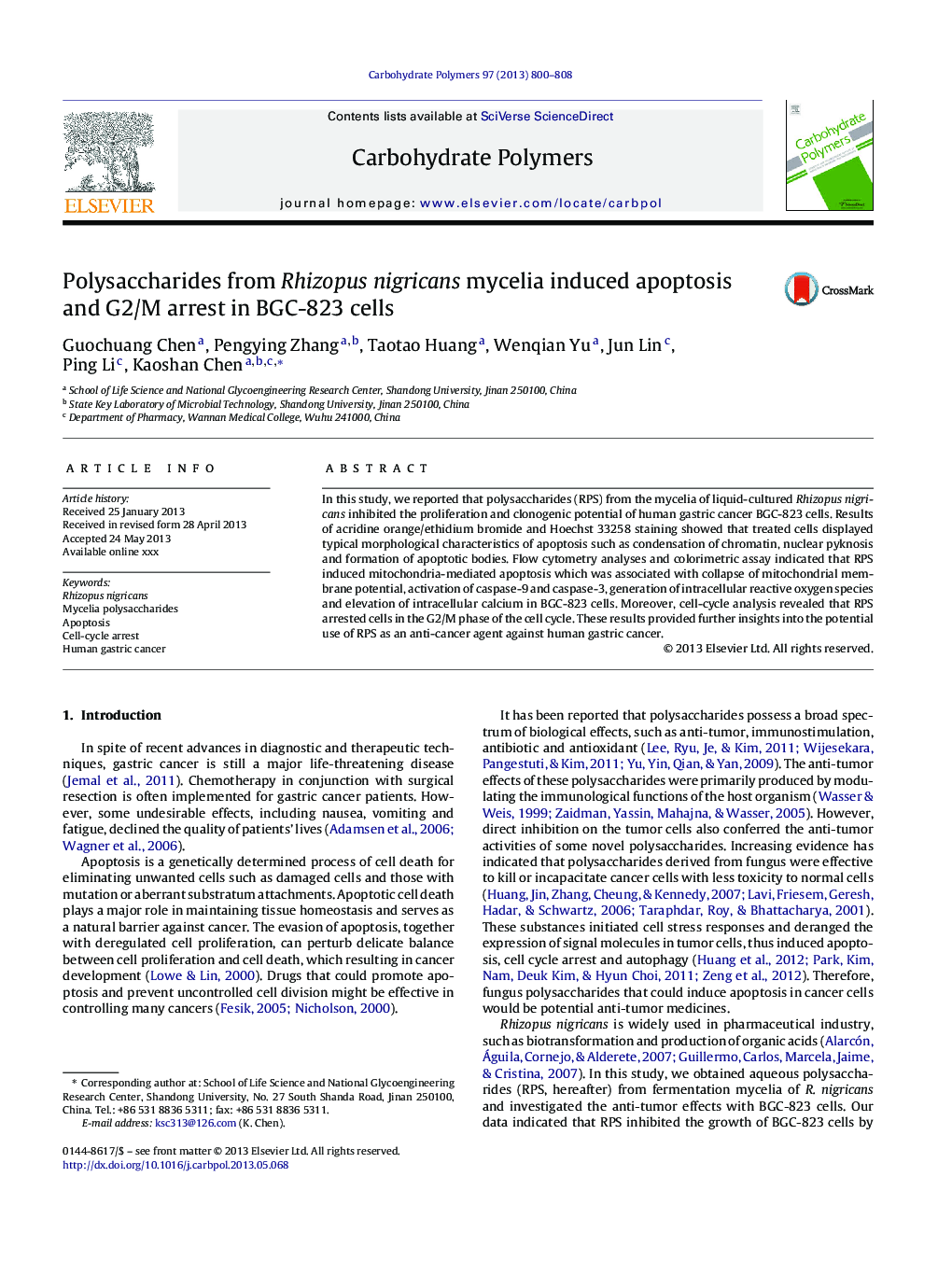 Polysaccharides from Rhizopus nigricans mycelia induced apoptosis and G2/M arrest in BGC-823 cells