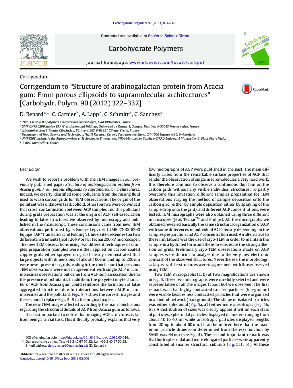 Corrigendum to “Structure of arabinogalactan-protein from Acacia gum: From porous ellipsoids to supramolecular architectures” [Carbohydr. Polym. 90 (2012) 322-332]