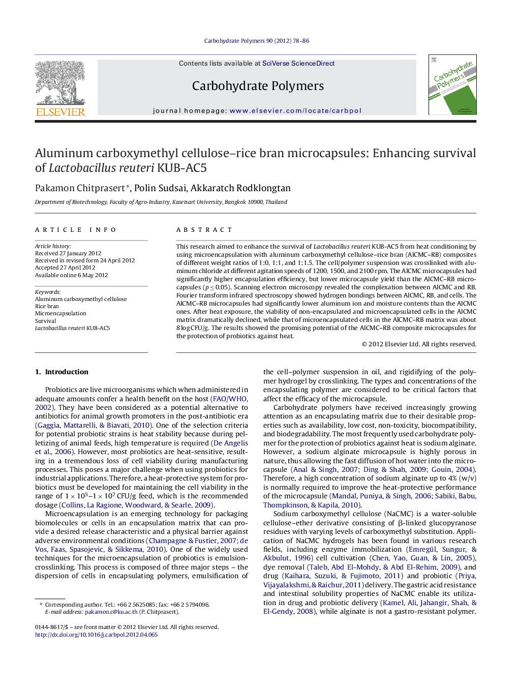 Aluminum carboxymethyl cellulose-rice bran microcapsules: Enhancing survival of Lactobacillus reuteri KUB-AC5