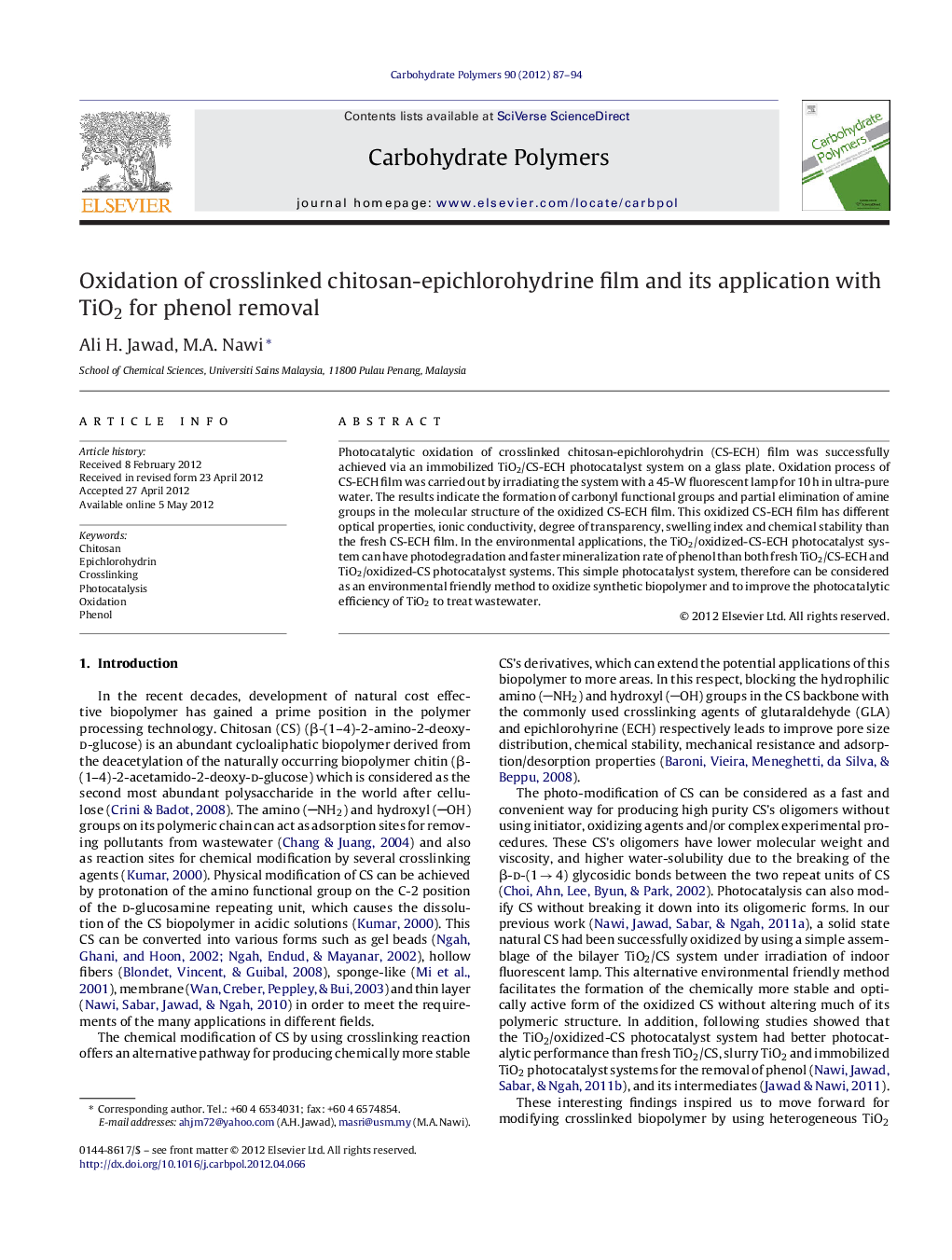 Oxidation of crosslinked chitosan-epichlorohydrine film and its application with TiO2 for phenol removal