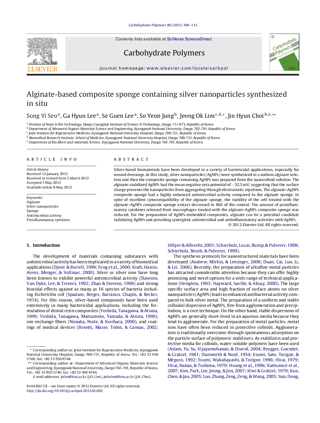 Alginate-based composite sponge containing silver nanoparticles synthesized in situ