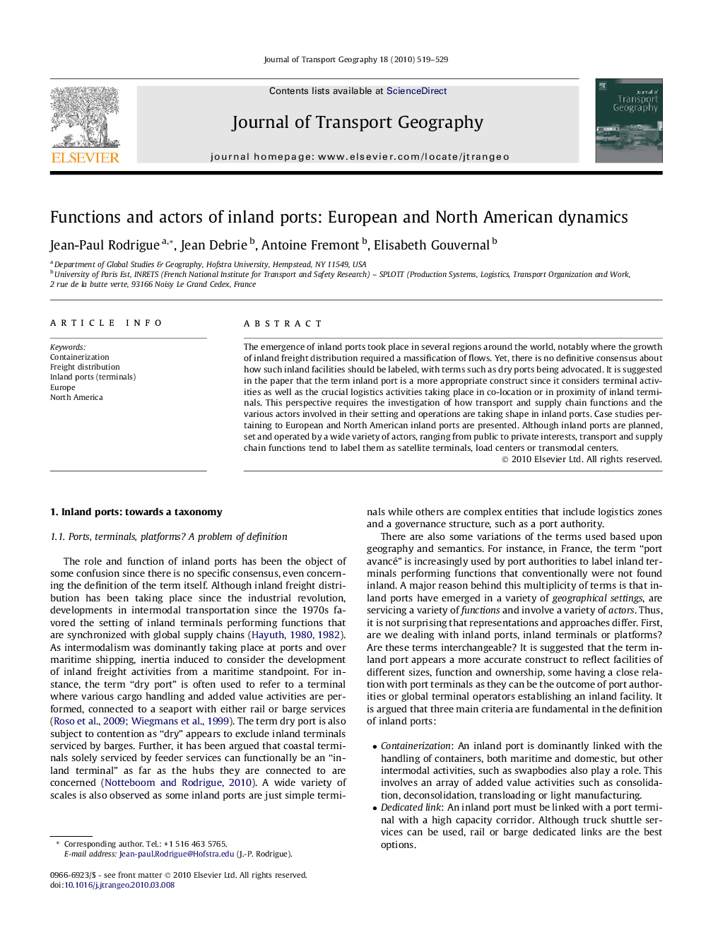 Functions and actors of inland ports: European and North American dynamics