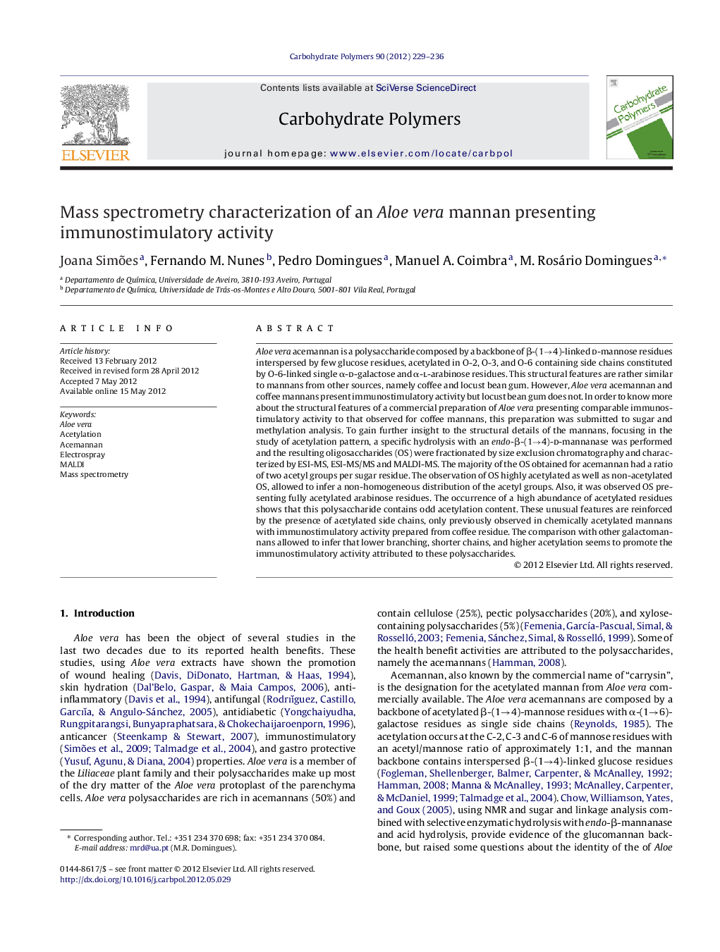 Mass spectrometry characterization of an Aloe vera mannan presenting immunostimulatory activity