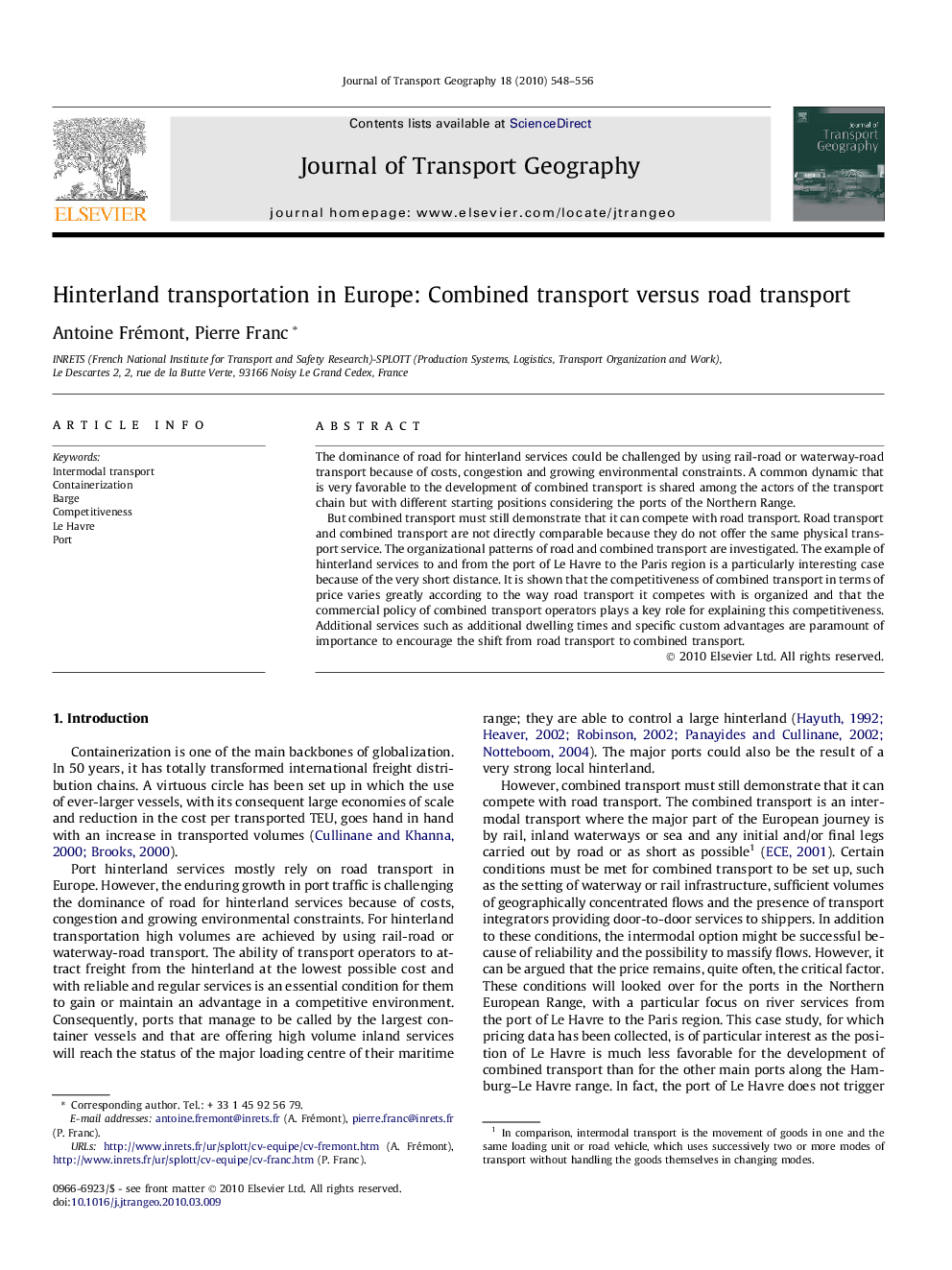 Hinterland transportation in Europe: Combined transport versus road transport