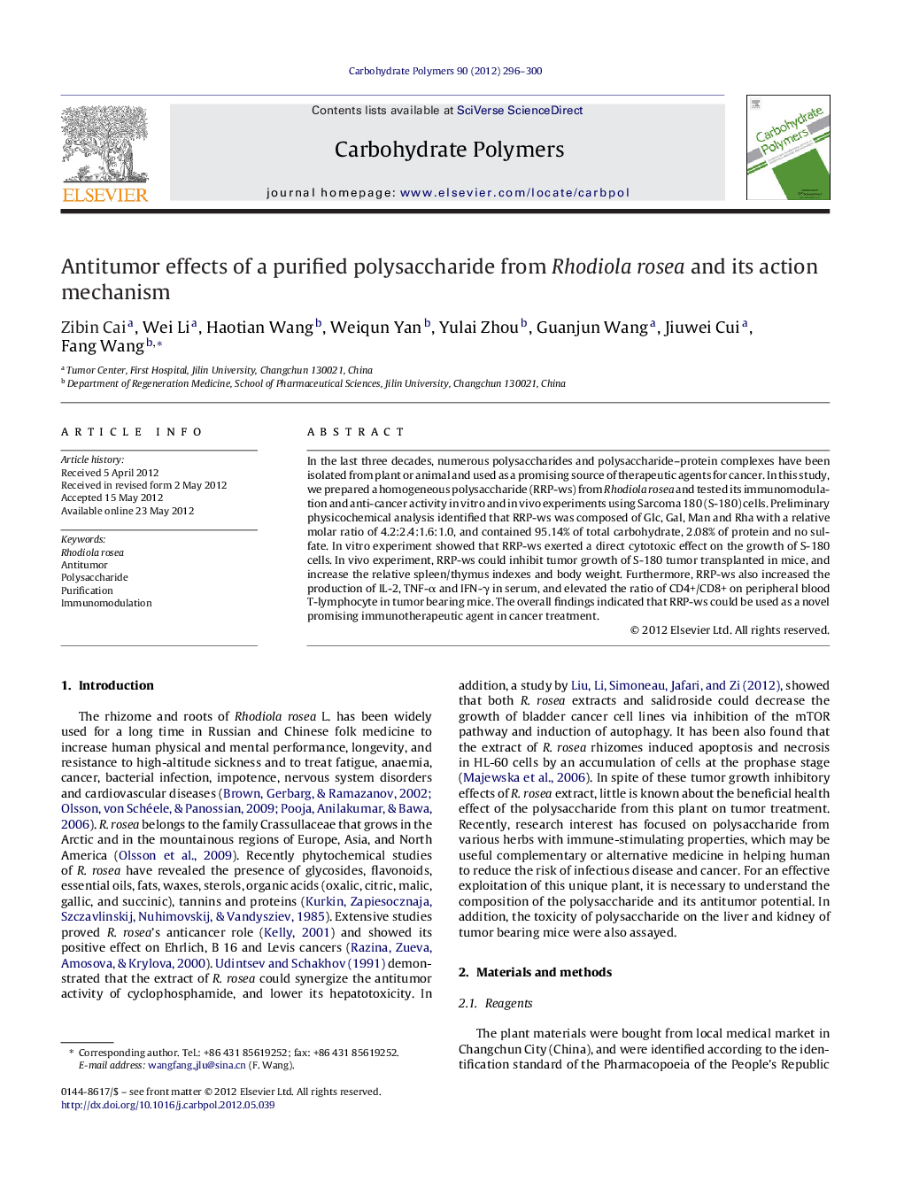 Antitumor effects of a purified polysaccharide from Rhodiola rosea and its action mechanism