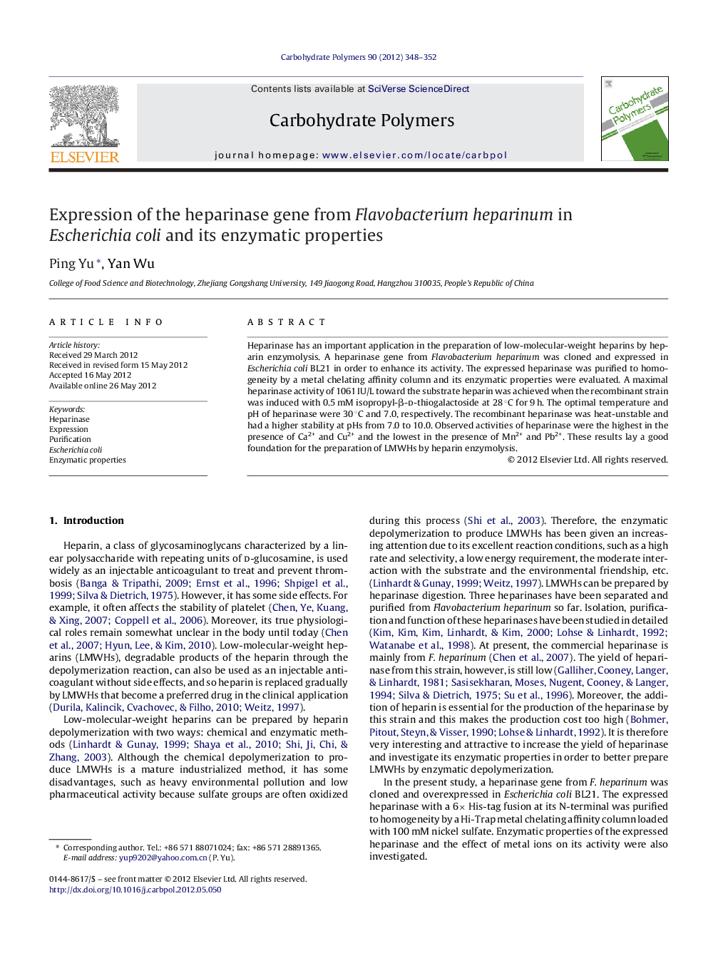 Expression of the heparinase gene from Flavobacterium heparinum in Escherichia coli and its enzymatic properties