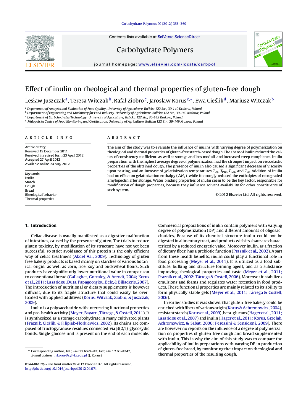 Effect of inulin on rheological and thermal properties of gluten-free dough