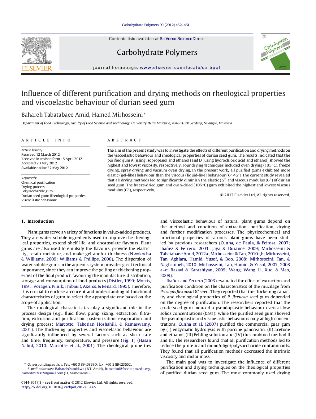 Influence of different purification and drying methods on rheological properties and viscoelastic behaviour of durian seed gum