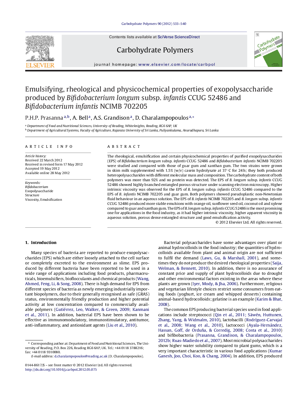 Emulsifying, rheological and physicochemical properties of exopolysaccharide produced by Bifidobacterium longum subsp. infantis CCUG 52486 and Bifidobacterium infantis NCIMB 702205