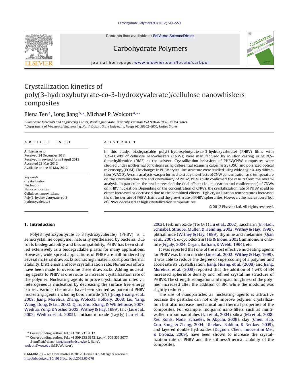 Crystallization kinetics of poly(3-hydroxybutyrate-co-3-hydroxyvalerate)/cellulose nanowhiskers composites