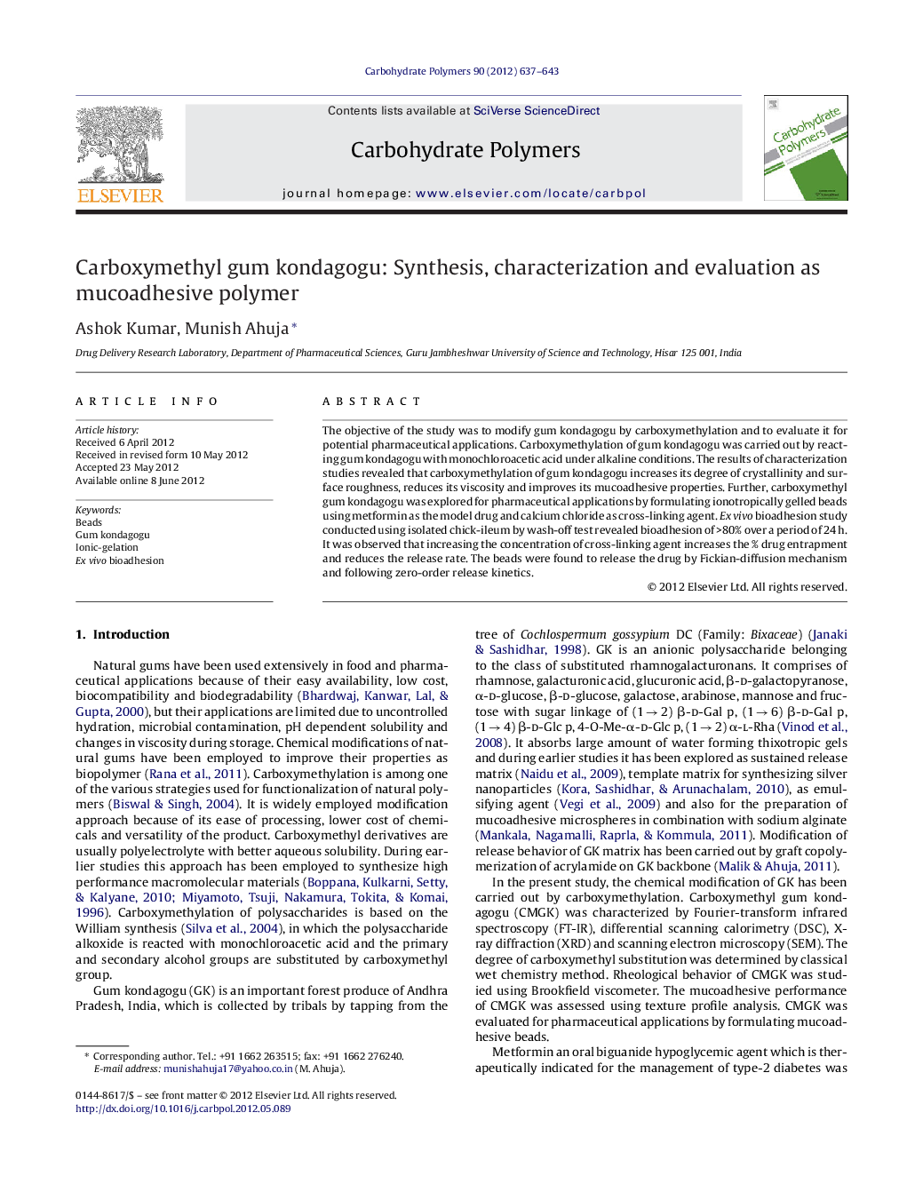 عکس صفحه اول مقاله: Carboxymethyl gum kondagogu: Synthesis, characterization and evaluation as mucoadhesive polymer Carboxymethyl gum kondagogu: Synthesis, characterization and evaluation as mucoadhesive polymer