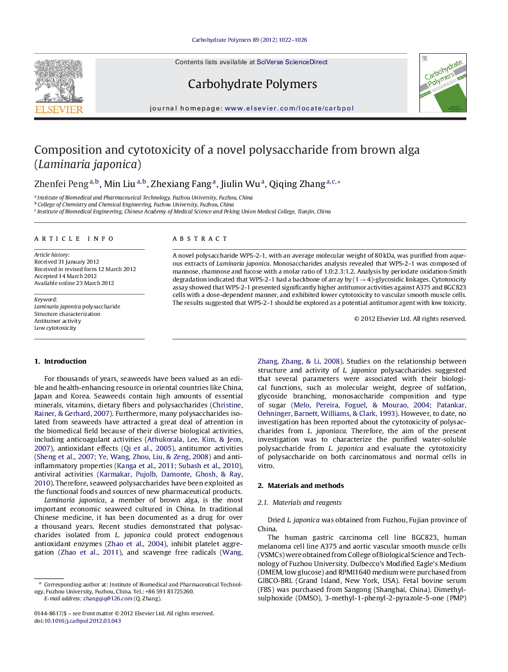 Composition and cytotoxicity of a novel polysaccharide from brown alga (Laminaria japonica)