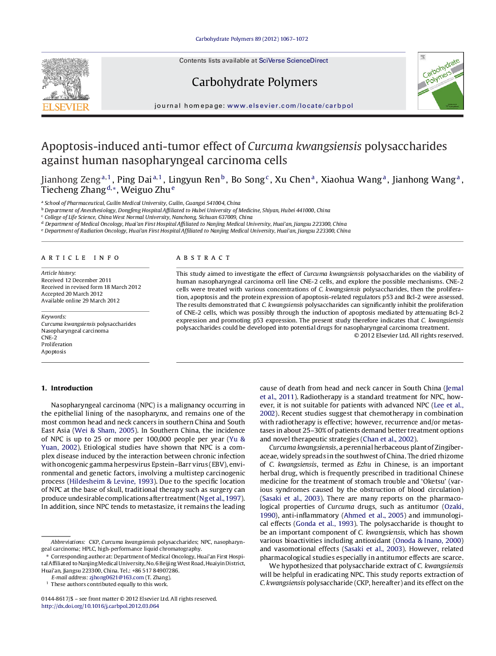 Apoptosis-induced anti-tumor effect of Curcuma kwangsiensis polysaccharides against human nasopharyngeal carcinoma cells