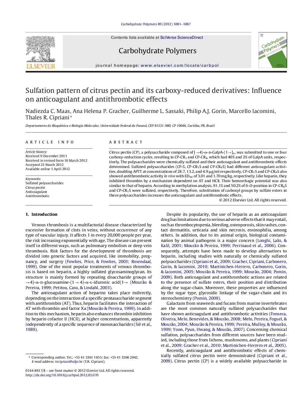 Sulfation pattern of citrus pectin and its carboxy-reduced derivatives: Influence on anticoagulant and antithrombotic effects